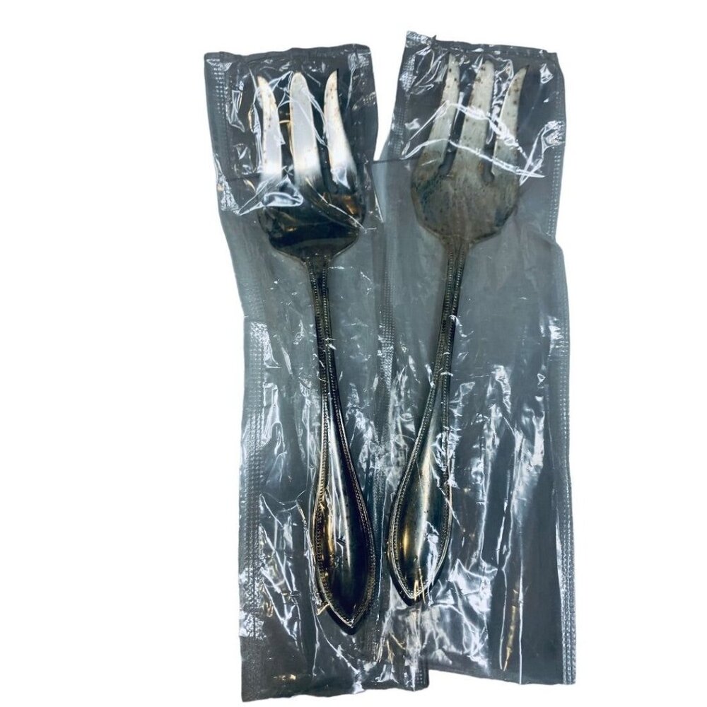 Oneida Ltd "Silver Arbor" Flatware Beaded Edge Set of 2 Serving Forks 8.25"